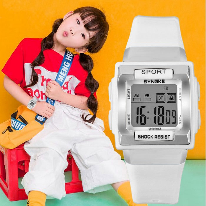 Digital Girl's Watch with White Silicone Strap and Square Dial