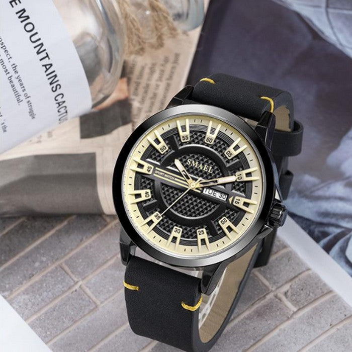 Analog Boy's Watch With Black Leather Strap And Black And Yellow Dial