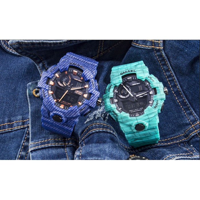 Boy's Dual Display Watch With Blue Jean Silicone Strap