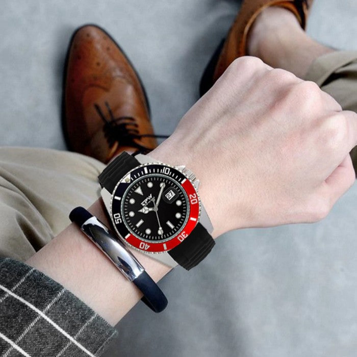 Analog Boy's Watch With Black Silicone Strap And Rotating Bezel Dial