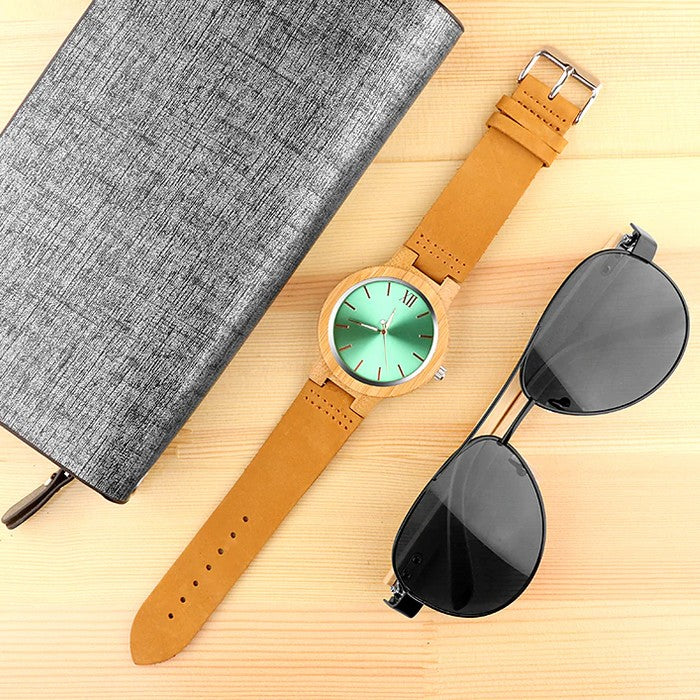 Analog Boy's Watch With Wooden Case And Blue Dial