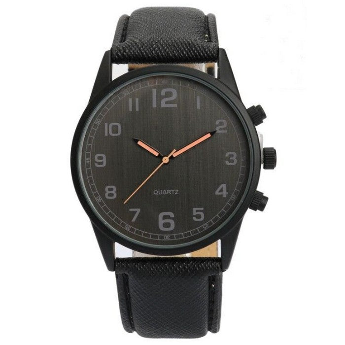 Analog Boy's Watch With Black Leather Strap And Black Dial