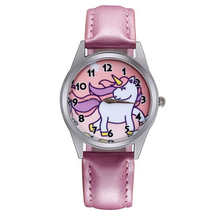 Analog Girl's Watch With Leather Strap And Unicorn Dial