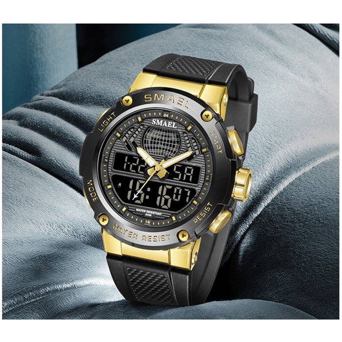 Boy's Dual Display Watch With Black Silicone Strap And Black And Gold Dial