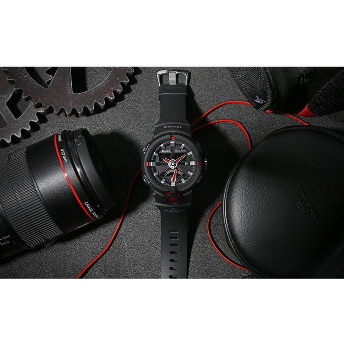 Boy's Dual Display Watch With Black Silicone Strap And Black And Red Dial