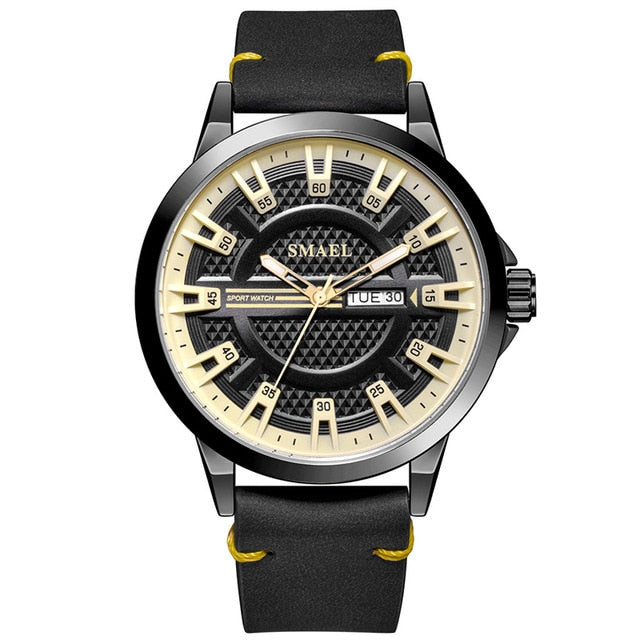 Analog Boy's Watch With Black Leather Strap And Black And Yellow Dial