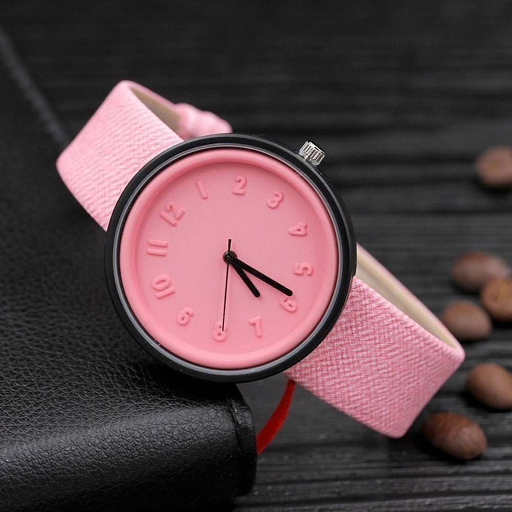 Analog Girl's Watch with Pink Leather Strap and Sugar Pink Dial