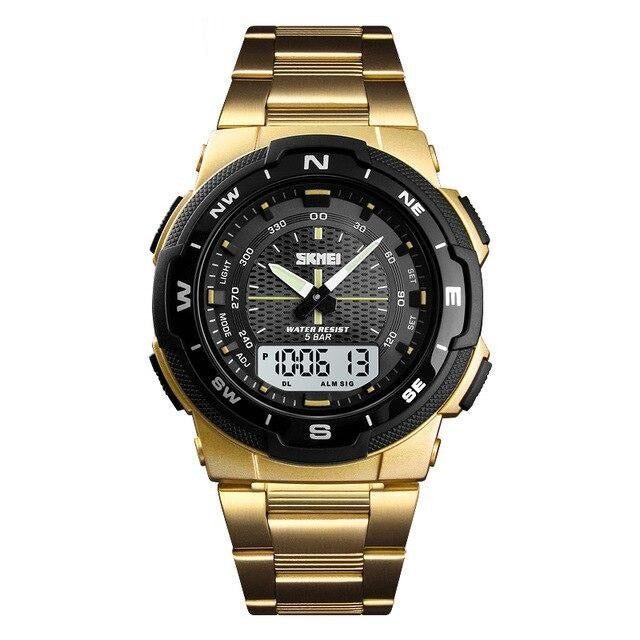 Double Display Boy's Watch With Gold Steel Strap And Black Dial