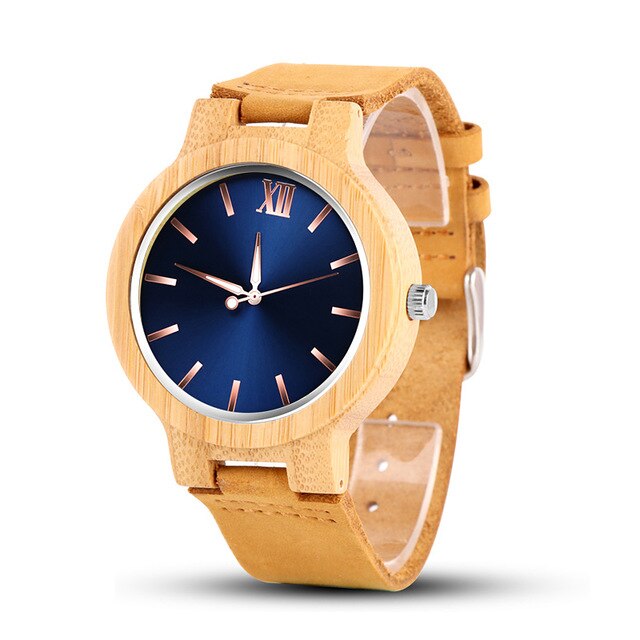 Analog Boy's Watch With Wooden Case And Blue Dial