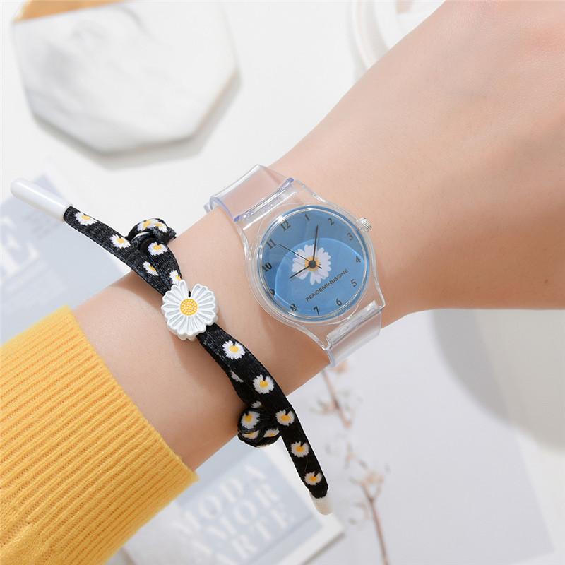 Analog Girl's Watch with Transparent Strap and Daisy Dial