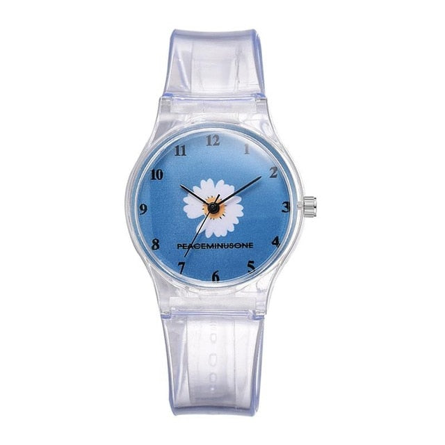 Analog Girl's Watch with Transparent Strap and Daisy Dial