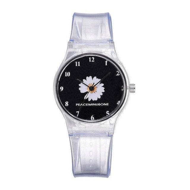 Analog Girl's Watch with Transparent Strap and Daisy Dial