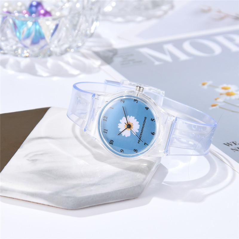 Analog Girl's Watch with Transparent Strap and Daisy Dial