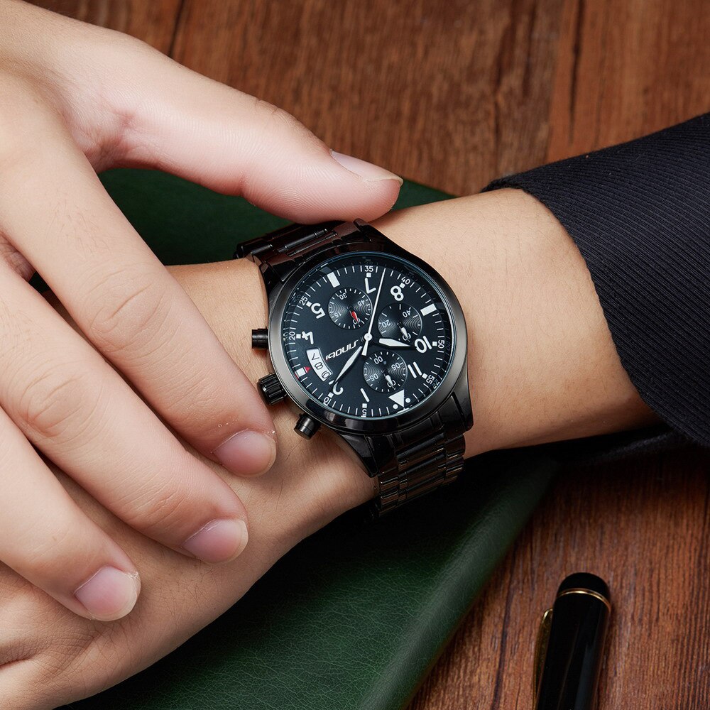 Analog Boy's Watch With Black Steel Strap And Dial With Fluorescent Hands