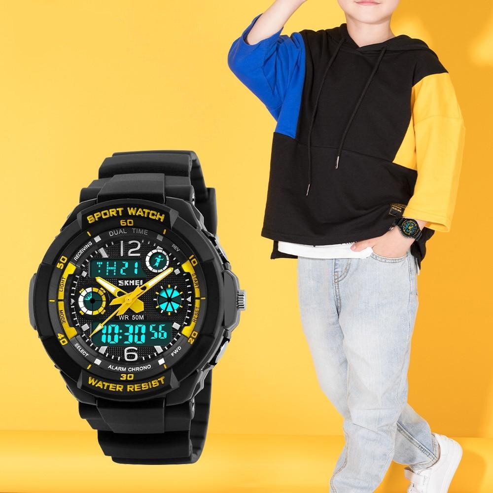 Boy's Dual Display Watch With Black Silicone Strap And Black And Yellow Dial