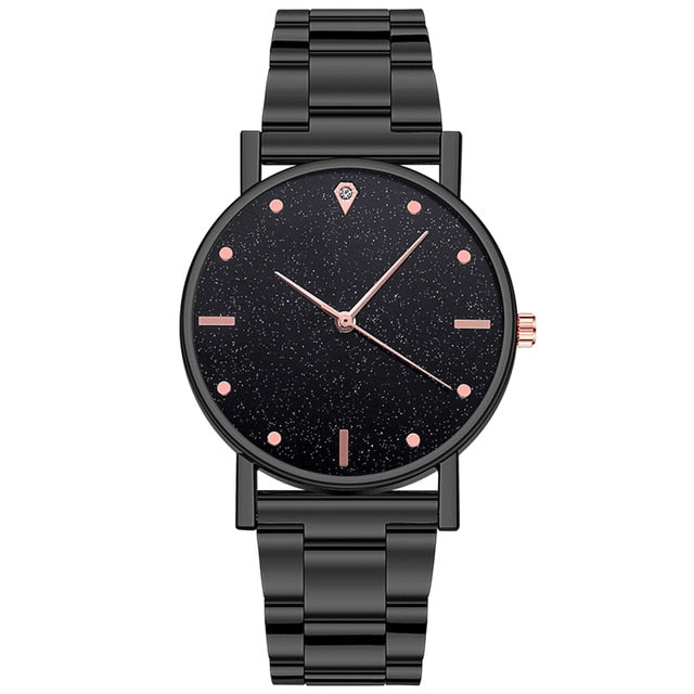 Analog Girl's Watch With Silver Steel Strap And Black Dial