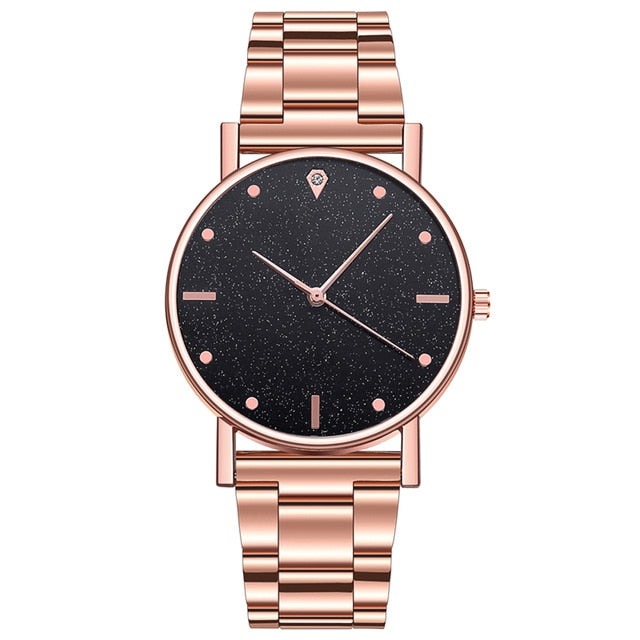 Analog Girl's Watch With Silver Steel Strap And Black Dial