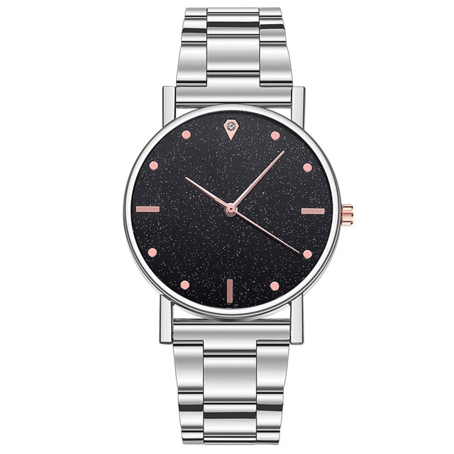 Analog Girl's Watch With Silver Steel Strap And Black Dial