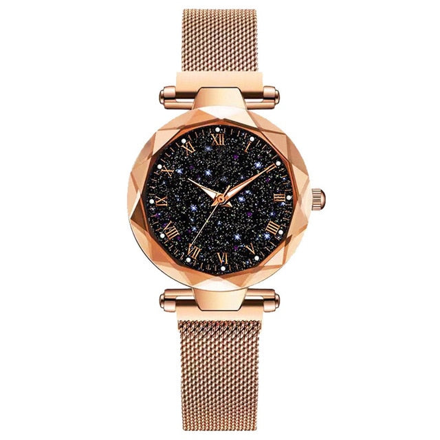 Analog Girl's Watch with Black Mesh Steel Bracelet and Galaxy Dial