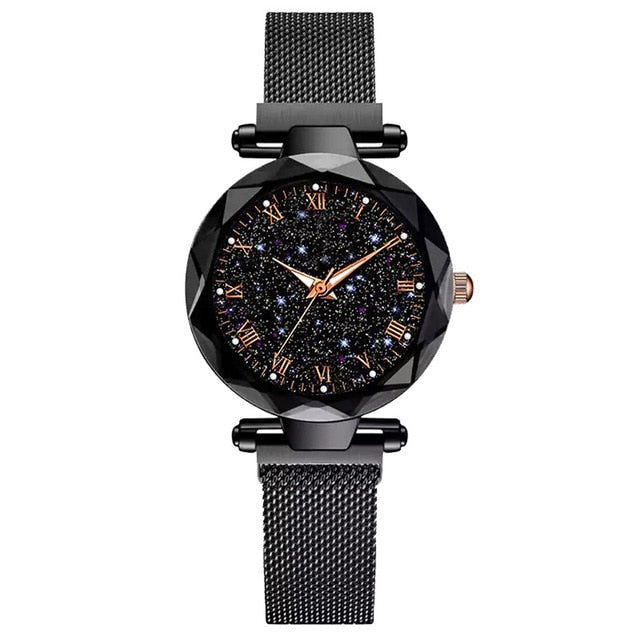 Analog Girl's Watch with Black Mesh Steel Bracelet and Galaxy Dial