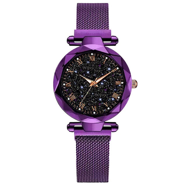 Analog Girl's Watch with Black Mesh Steel Bracelet and Galaxy Dial