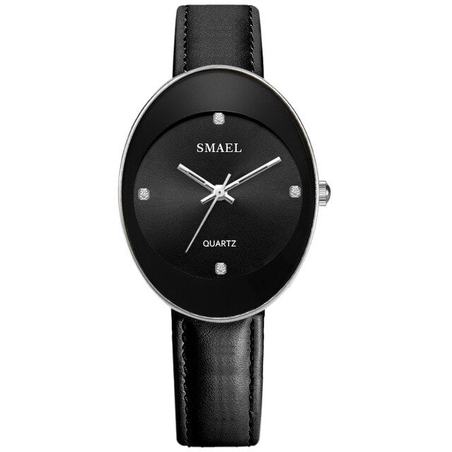 Analog Girl's Watch with Black Leather Strap and Black Dial